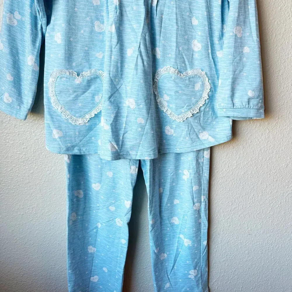 Wacoal Blue Floral Fleece Flannel Pajama Set Heart Lace Pockets Size M